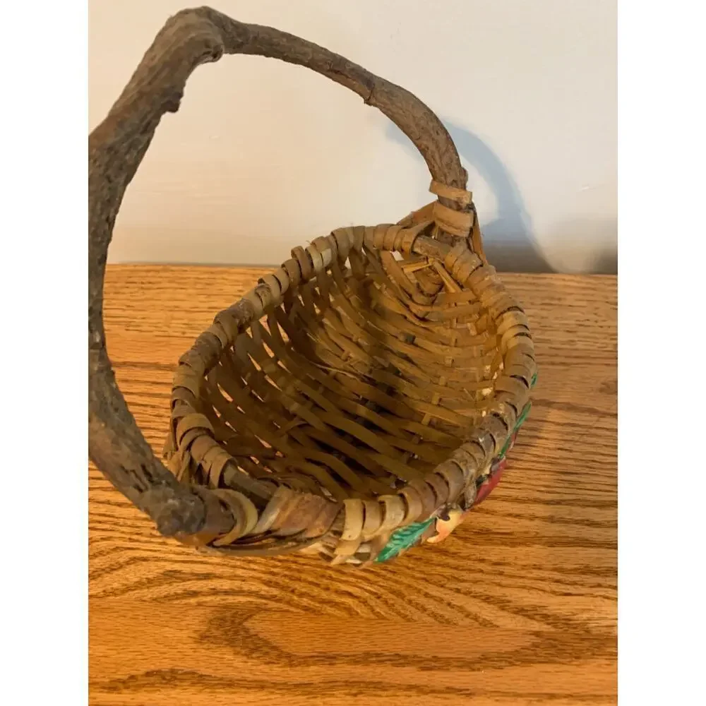 VTG Fruit Wicker Gathering Basket God's Eye Branch Handle Woven Hand Painted